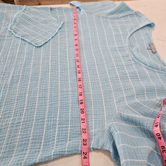 Habitat Blue Striped Gauze Like Tunic Top Large Long Sleeve Lagenlook Boho - Picture 9 of 9